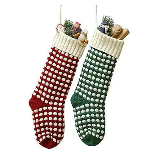 Guojanfon Christmas Stockings 18" Unique Burgundy and Green Knit Christmas Stockings Dots Style (Length 18",Pack 2)