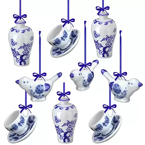 Chinoiserie Ornaments Porcelain Blue Ornament Christmas Hanging Pendant Decorative Hanging Ornaments for Christmas Tree Decoration (Vivid Style,9 Pieces)