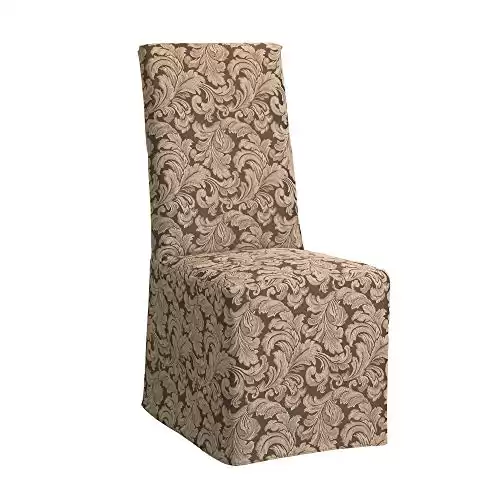 SureFit Scroll Long Dining Chair Slipcover (Brown) - Full Length Relaxed Fit High Back Chair Cover/Perfect for Adding Accents to Your Dining Room