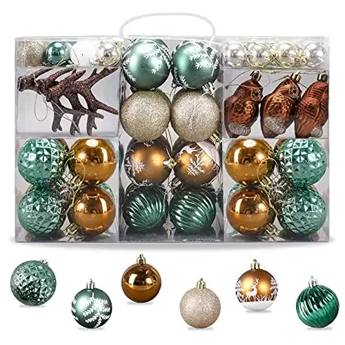 Christmas Ball Ornaments Set 82pcs Gold and Green Shatterproof Xmas Decorative Hanging Ornaments Christmas Decorations for Xmas Tree Holidays Halloween Wedding Party Decoration