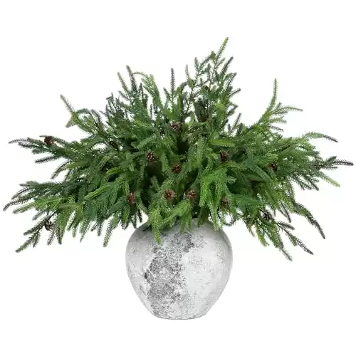 Yinder Xmas Norfolk Pine Branches with Pine Cones Norfolk Pine Artificial Xmas Branches for Xmas Indoor Outdoor Home Decor(10 Pcs)