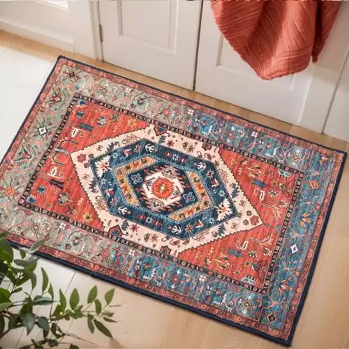 SERISSA Boho Area Rug, 2x3 Small Washable Non-Slip Entryway Doormat Persian Throw Rug, 600g Polyester Fabrics Vintage Oriental Designs Rust Rug, Soft Floor Carpet for Entrance, Bedside, Bedroom