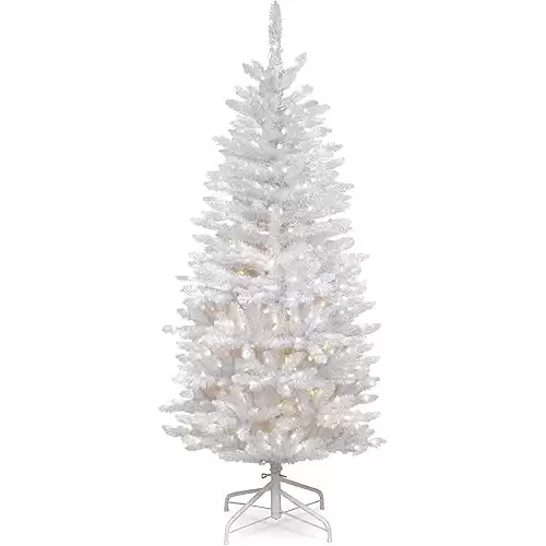 National Tree Company Artificial Pre-Lit Slim Christmas Tree, White, Kingswood Fir, White Lights, Includes Stand, 4.5 Feet