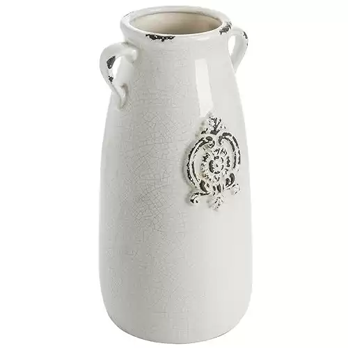 MyGift Farmhouse White Ceramic Vase with Handle and Embossed Seal Design, Antique Jug Shaped Tabletop Flower Vase