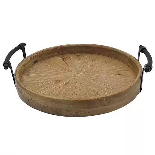 Rustic Round Wooden Decorative Tray with Metal Handles, Multi-Purpose Ottoman Tray, Farmhouse Serving Tray for Coffee Table, Kitchen or Living Room