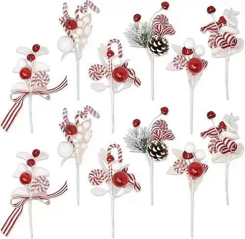 Set of 12 Christmas Red and White Picks Peppermint Candy Cane Balls Jingle Bells & Candies on Sticks 9 Inches for Xmas Vase Filler Crafts & Tree Ornament Wreath Holiday Home Party Supplies Dec...