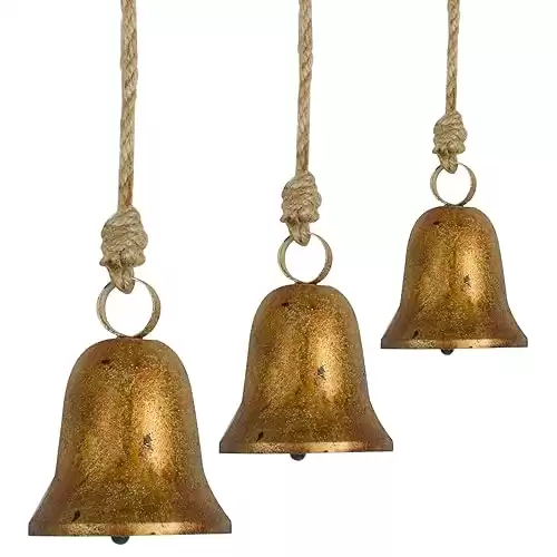 3 Pcs Handmade Rustic Christmas Bells, Vintage Iron Bells with Jute Rope for Hanging, 3 Sizes Antique Lucky Bells for Christmas Decor