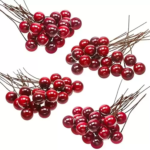 BBTO Artificial Holly Berries, 100 Pieces Mini 10 mm Fake Berries Decor on Wire for Christmas Tree Decorations Flower Wreath DIY Craft Use (Wine Red)