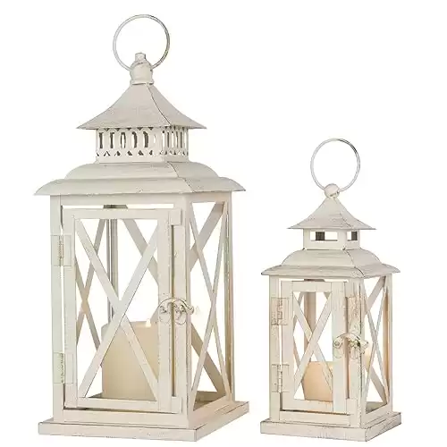 Lanterns Decorative Outdoor&Indoor, Set of 2 (14"&10") Beige Metal Lantern Decor with Glass, Candle Holder for Porch, Patio, Garden, Balcony, Wedding, Table Centerpiece