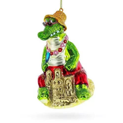 Alligator Relaxing on The Beach Glass Christmas Ornament