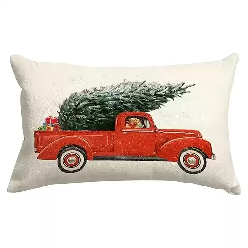 SPXUBZ Red Pickup Truck with Christmas Tree and Dog Throw Pillow Cover Merry Winter Festival Home Decor Indoor Linen Pillowcase Cushion 12x20 Inch(Two Sides Print)