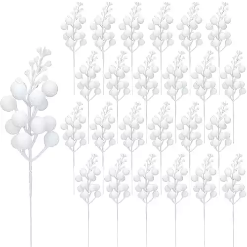 80 Pcs Artificial Glitter Christmas Berries Stems 8.46 Inch Christmas Berry Branches Sprays Faux Berry Sprig Picks Winter Floral Picks for DIY Xmas Tree Ornaments Christmas Wreath Decor (White)