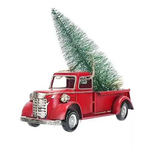 SOFFEE DESIGN 10in Farm Truck Decor with Pine Tree, Pick-up Collectible-Vehicles Desktop Car Wine Holder Garden Planter for Home Decor, Red