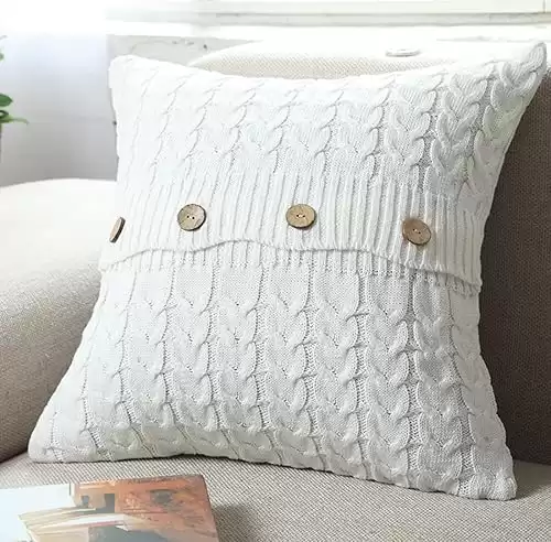 Cotton Knitted Decorative Throw Pillow Cover Sweater Square Warm Cushion Cover for Couch Bed, Home Accent Decor (White, 18"*18")