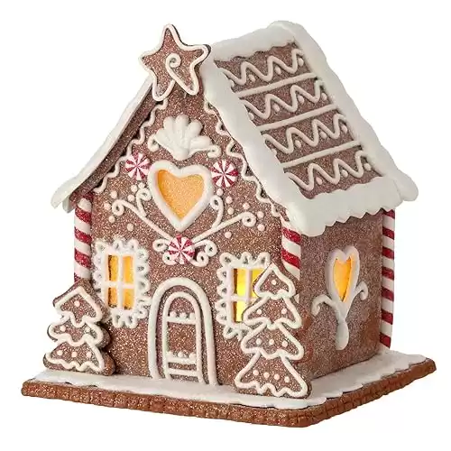 One Holiday Way 6.5-Inch Lighted Brown & White Gingerbread House - Decorative Light Up Faux Candy Christmas Village House Tabletop Decoration w/Timer Xmas Home Decor