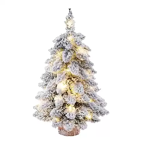 1 Pcs Prelit Tabletop Christmas Tree Snow Flocked Christmas Tree with Led Lights Wood Base Mini Xmas Pine Tree for Table Desk Home Christmas Decor