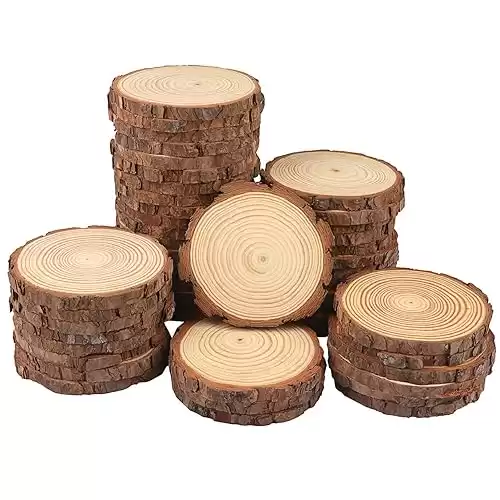 50 PCS 4-4.7 Inch Natural Wood Slices, Unfinished Pine Wood Circles with Barks for Coasters, DIY Crafts, Christmas Rustic Wedding Ornaments and Centerpieces,by GNIEMCKIN.