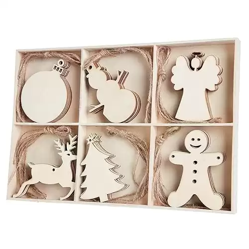 MACTING 30pcs Unfinished Wood Christmas Ornaments with Holes, Christmas Hanging Decorations for Kid's DIY Gift Craft Xmas Tree, 6 Shapes-Angel, Deer, Ball, Doll, Snowman, Tree