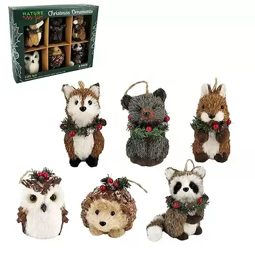 Nature Vibe Sisal Woodland Animals Christmas Tree Ornaments,Set of 6 Natural Forest Friends with Gift Boxes for Presents, as Rustic Home Decorations,Gifts for Festival