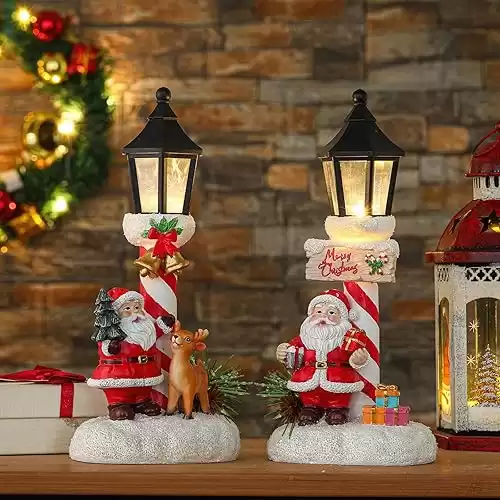 2 Pack Christmas Light Table Decorations Red Cardinal LED Lamppost Tabletop Statue Tabletop Figurine Christmas Resin Glow Lantern Decor for Home Office Xmas Joy Noel Indoor Holiday Party (Santa Claus)