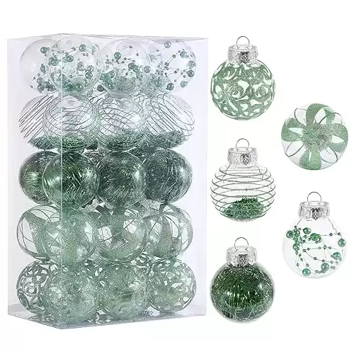 60MM/2.36" Christmas Ornaments Set, 30pcs Green Clear Christmas Ornaments Shatterproof Decorative Baubles for Xmas Tree Ornament Decorations Balls for Wedding Holiday Party Indoor Outdoor Decor