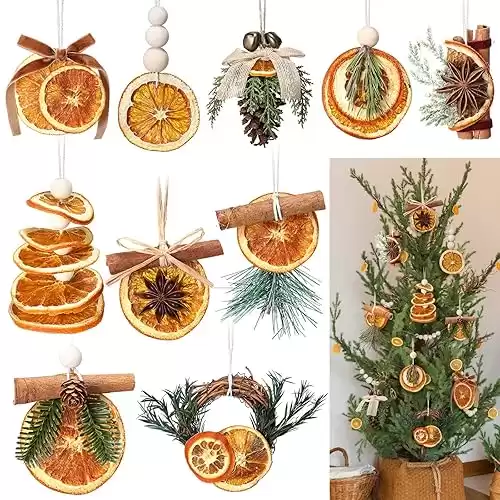 Amyhill 10 Pcs Christmas Dried Orange Slice Ornaments Handmade Rustic Christmas Tree Decorations Natural Beaded Pine Cones Cinnamon Scented Sticks Vintage Velvet Ribbon for Farmhouse Crafts