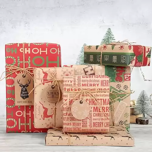 Ucouper Christmas Wrapping Paper Set, 6 Sheets Gift Wrapping Paper with Gift Tags, Jute String, Tape, Brown Kraft for Christmas Advent Calendar, 27.5 x 20 inches