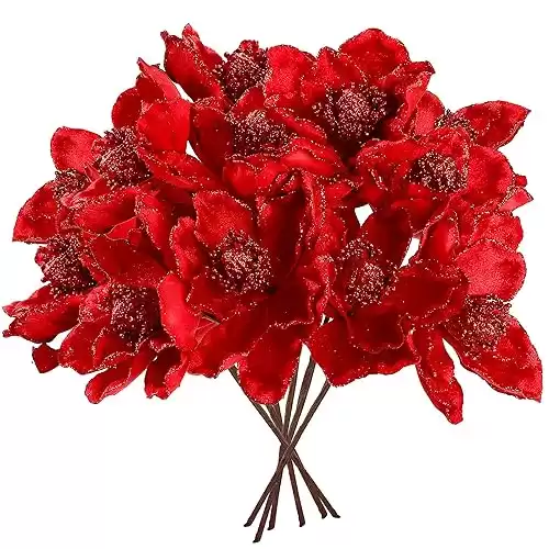 Sggvecsy 10Pcs Christmas Glitter Flowers Christmas Tree Ornaments Artificial Poinsettia Flower Velvet Magnolia Stems Floral Picks for Xmas Wedding DIY Crafts Wreath Party Floral Decorations (Red)