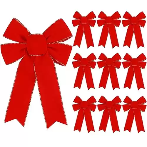 10 Pack Red Bows Christmas Tree Decorations,9 x13 Large Velvet Ornament Bow with Glitter Gold Edge for Xmas Home Wreath Fence Stairs Railing Fireplace Indoor Outdoor Front Door Decor