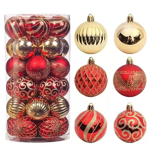 30 pcs Christmas Tree Balls, 2.36" Christmas Ornament Decorations Shatterproof Ornaments Gold and Red Color Painted Christmas Baubles Decorations for Party Wedding Christmas Decor