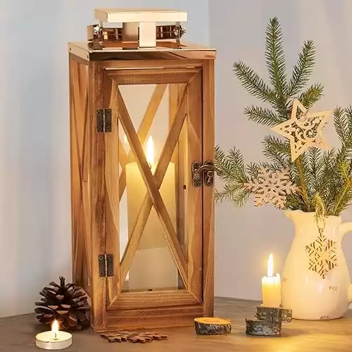 Wooden Candle Lantern Decorative, Patio Decor with Stainless Top and Glass, Hurricane Lantern Holder Decor for Indoor Outdoor, Home, Garden, Wedding