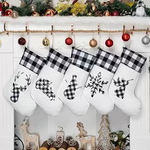 LUBOT Set of 5 Christmas Stocking(20inch) Silhouette Buffalo Black Plaid/Rustic/Farmhouse/Country Cotton Fireplace Hanging Xmas Stockings Decorations for Family Holiday Season Decor