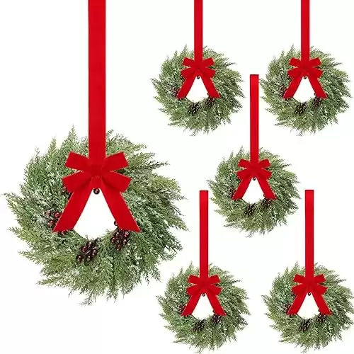 Barydat 6 Pcs Christmas Wreath Decorations Christmas Kitchen Cabinet Wreaths with Red Ribbon Mini Wreaths Farmhouse Decoration Artificial Hanging Garlands for Christmas Front Door Window Chair Wall