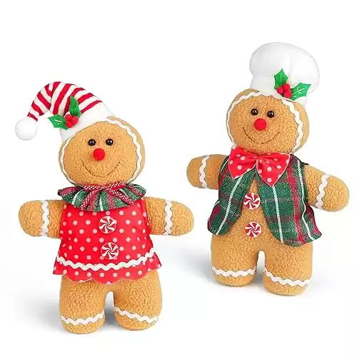 D-FantiX Gingerbread Man Christmas Plush Doll Sets, 2Pcs Handmade Boy Girl Stuffed Animal Toys, Collectible Standing Figurines Ornament, Christmas Decorations Indoor Home Decor