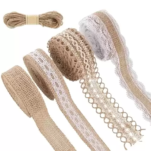 4 Rolls Burlap Ribbon Lace Roll Crafts Ribbon with 32 Feet Twine Rope for Wedding Christmas Decoration DIY Handmade Crafts, 5.5 Yards for Each Roll