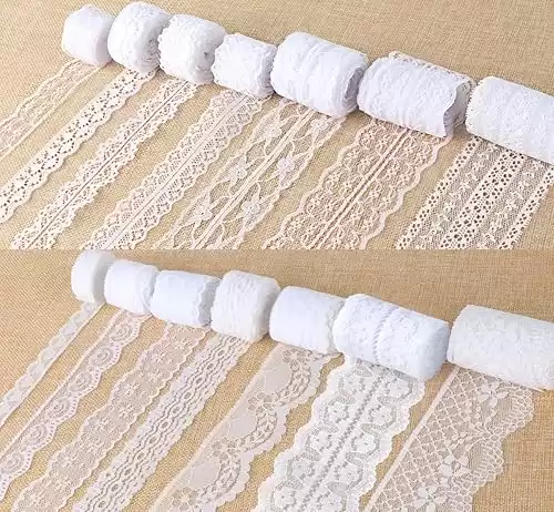 ilauke 46 Yards White Lace Ribbon 14 Rolls Vintage Lace Trims 0.6 to 2.1 inch Ribbon Lace with Assorted Pattern for Sewing, Crafts, Wedding Ribbon, Flower Ribbon, 3.28 Yards Each