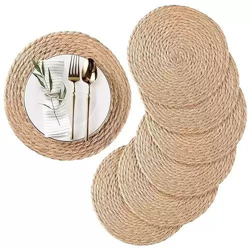 Round Woven Placemats Set of 6, Natural Water Hyacinth Place mats, 12 inch Rattan Placemats Wicker Placemats Farmhouse Boho Braided Heat Resistant Outdoor Placemat Patio Table Place Mats