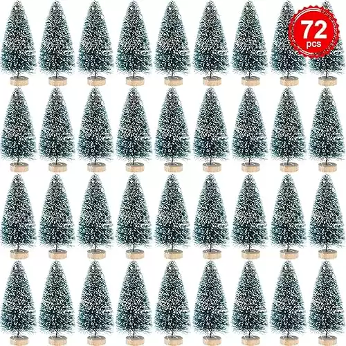 Mini Bottle Brush Pine Trees with Wood Base - Winter Snow Frost Decor and Ornaments, 72 Pieces