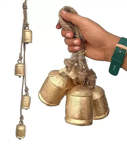 Shabby Chic Bells Set of 4 Hanging Metal Tibetan Inspired Meditation Decorative Cow Bell with Jute Rope Vintage Handmade Lucky Rustic Metal Tranquil Wind Chimes Wall Hanging Decor Gift