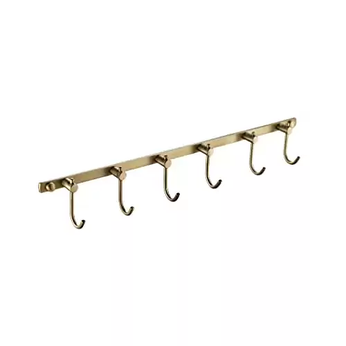 WINCASE Brass Hook Rack, Bathroom Towels Hooks Coat Rack, Antique Bath Wall Hook Vintage Mounted Brushed Brass 6 Hooks