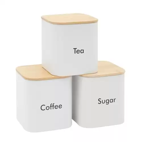 Juvale Coffee Tea Sugar Container Set - White Stainless Steel Kitchen Canister Set with Bamboo Lids (3 Pieces, 48 oz)