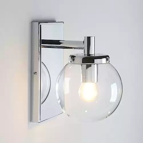 Pathson Vintage Wall Sconce, Industrial Bathroom Vanity Light with Globe Glass, Indoor Wall Lamp Fixtures for Hallway Kitchen Bedroom (Chrome)