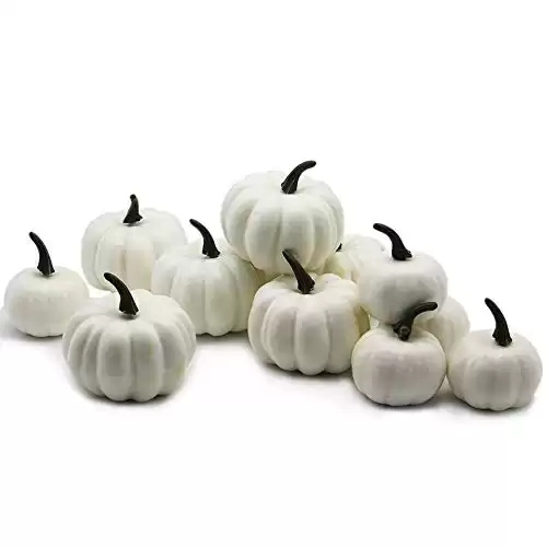 YOFIT 12 Pcs Thanksgiving Table Decorations Artificial Pumpkins, Fake Mini Plastic Pumpkins, Lifelike Simulation Foam Pumpkins Set Friendgiving Tabletop Decorations (White)