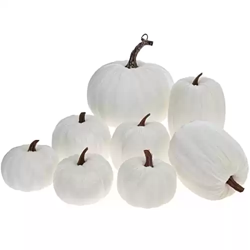 Meiwlong 8pcs Velvet Cloth Artificial White Pumpkin Fake Velvet Cloth Pumpkins Sets 8pcs Halloween Handmade Foam Kitchen Realistic Decoration