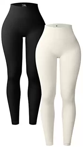 OQQ Women's 2 Piece Yoga Leggings Ribbed Seamless Workout High Waist Athletic Pants Black Beige