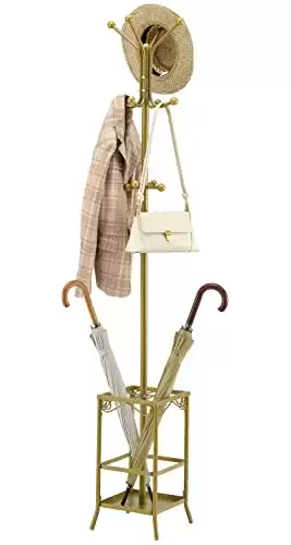 Hoctieon Coat Rack Freestanding,Coat Hanger Stand,Umbrella Holder,Hall Tree With 12 Hooks,Standing Coat Rack,Floor Standing Metal Umbrella Tree Stand, Gold