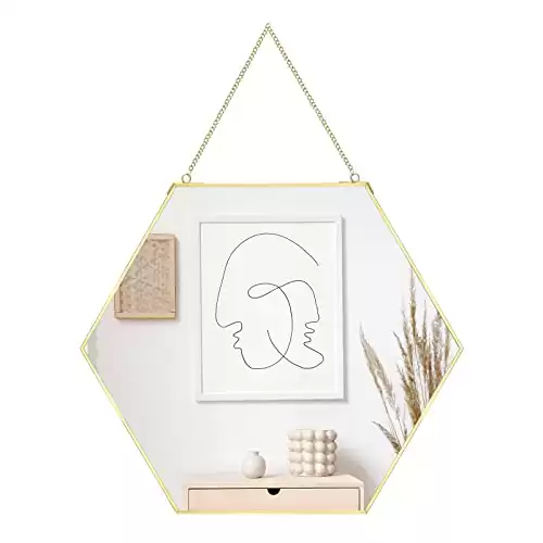 SWTHONY Hanging Hexagon Wall Mirror Geometry Gold Brass Metal Mirror for Living Room Wall Decor 11.8x10.2 Inch