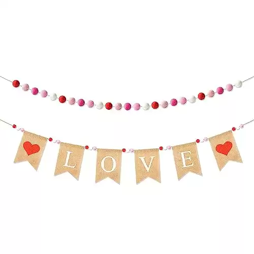 Haooryx 2Set Valentine's Day Burlap Flag Pink Red Felt Ball Garland Kit Sweet Love Hanging Banner Garland Decoration for Valentines Engagement Wedding Birthday Anniversary Home Wall Party Supplie...