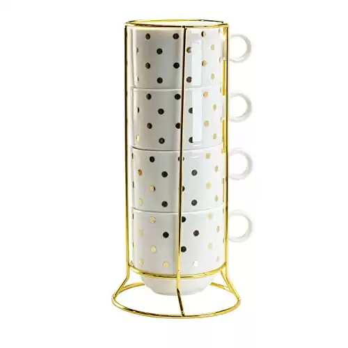 Grace Teaware Stackable Coffee Tea Mug 10-Ounce Set of 4 With Metal Stand (Gold Polka Dots)