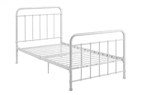 DHP Beaumont Iron Metal Platform Bed with Transitional Design Headboard and Footboard, Adustable Base Height for Underbed Storage, No Box Spring Needed, Queen, White